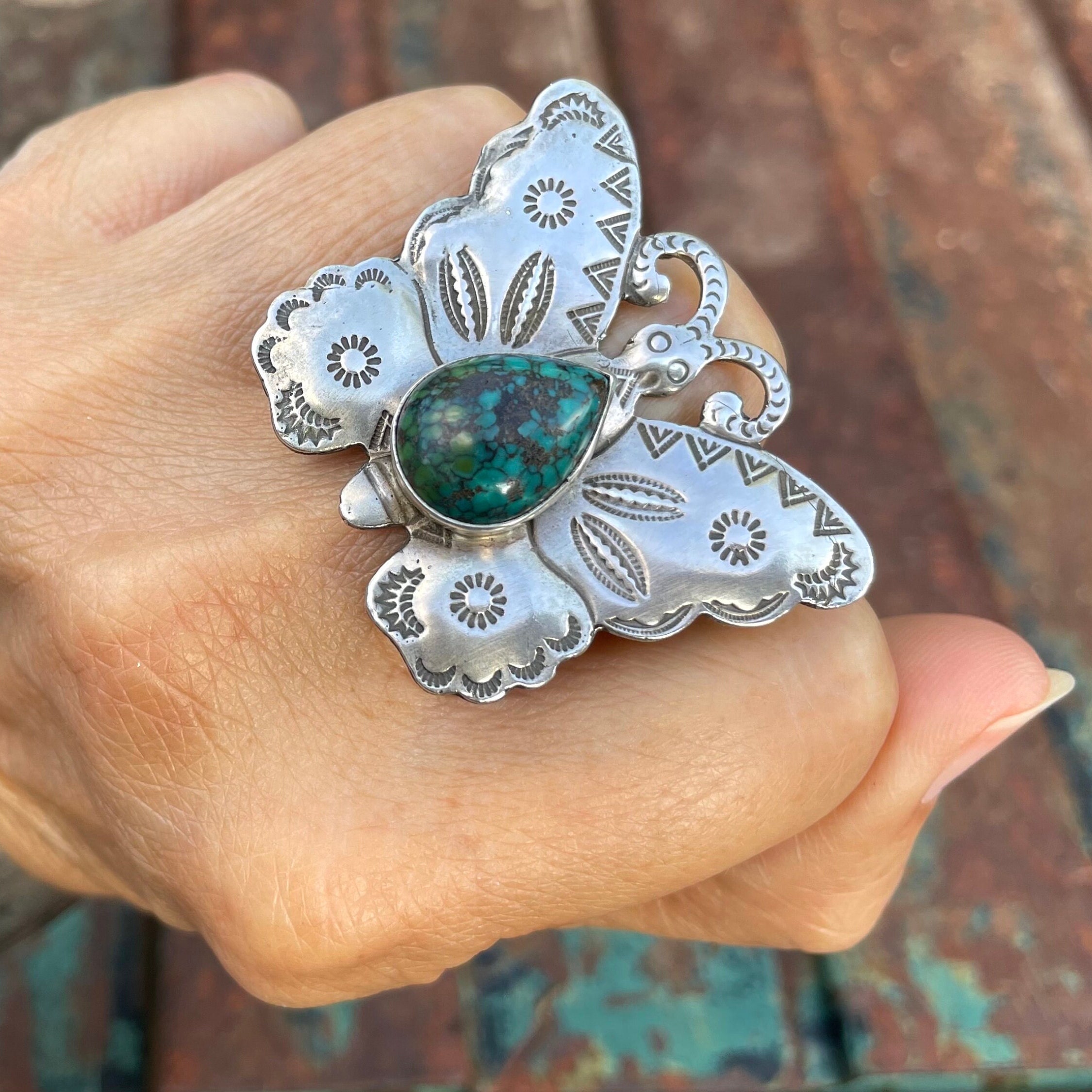 Exceptional San Felipe Spiderweb Turquoise Sterling Silver Butterfly Ring Exceptional San Felipe Spiderweb Turquoise Sterling Silver Butterfly Ring