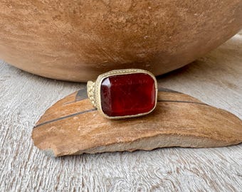 Vintage Kuchi Carnelian Glass Tribal Silver Ring Approx Size 9, Bohemian Jewelry Unisex