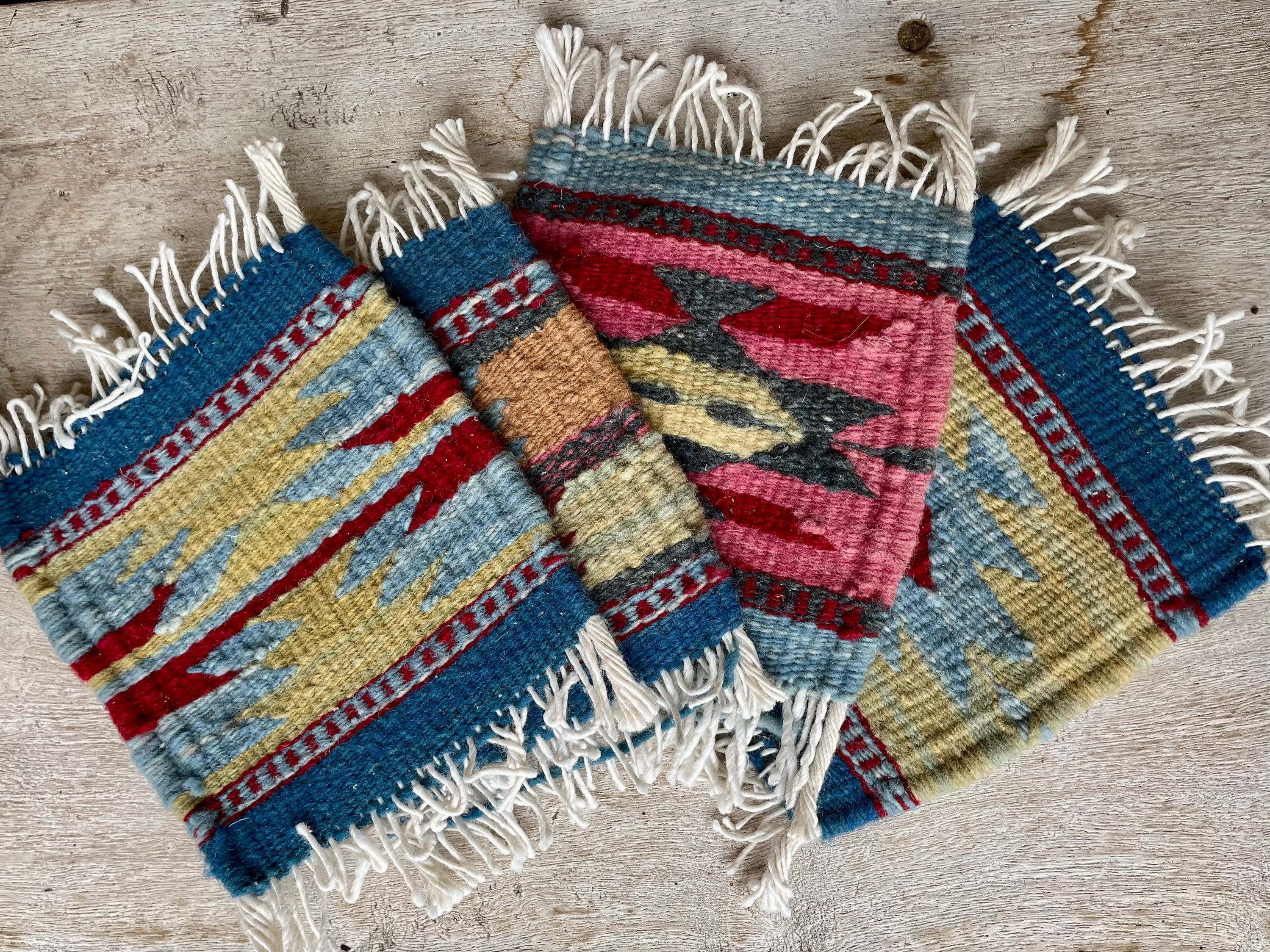 Set of Four Miniature Mismatched Woven Rug Coasters, Mexican ...