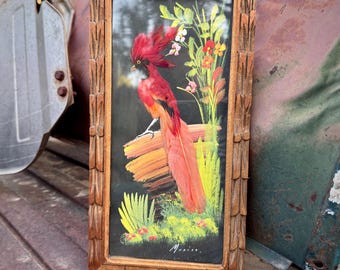 Vintage Framed Mexican Feather Art Red Exotic Bird Arteplumeria, Tropical Decor Bohemian