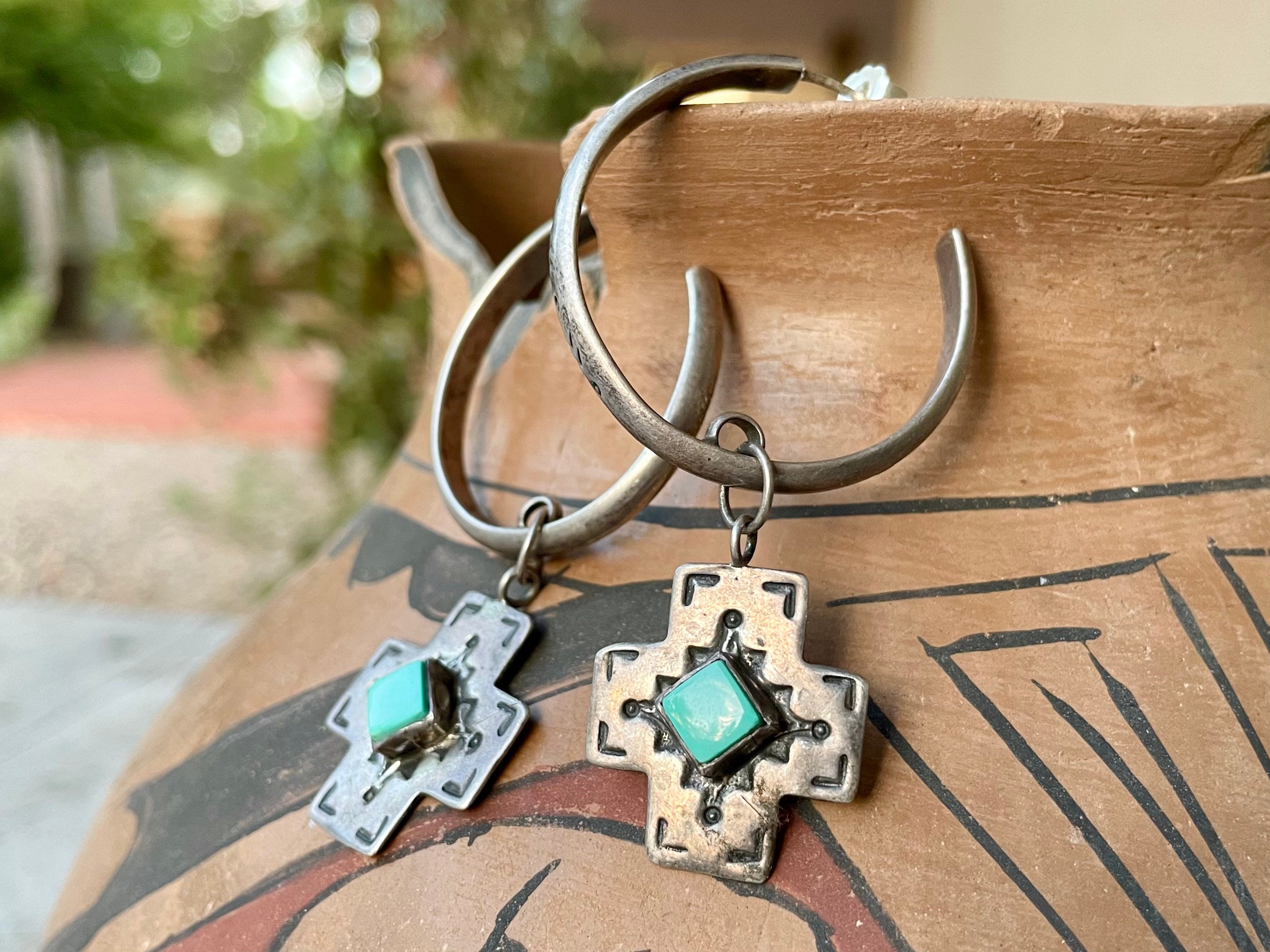 Vintage Large Navajo Hand Stamped Sterling Cross Earrings