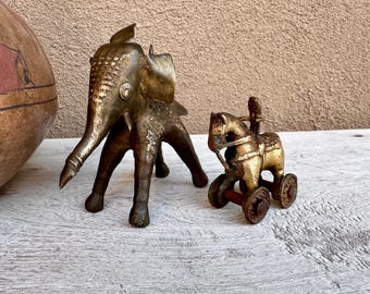 Two India Brass Animals, Dhokra Elephant & Miniature Temple Toy