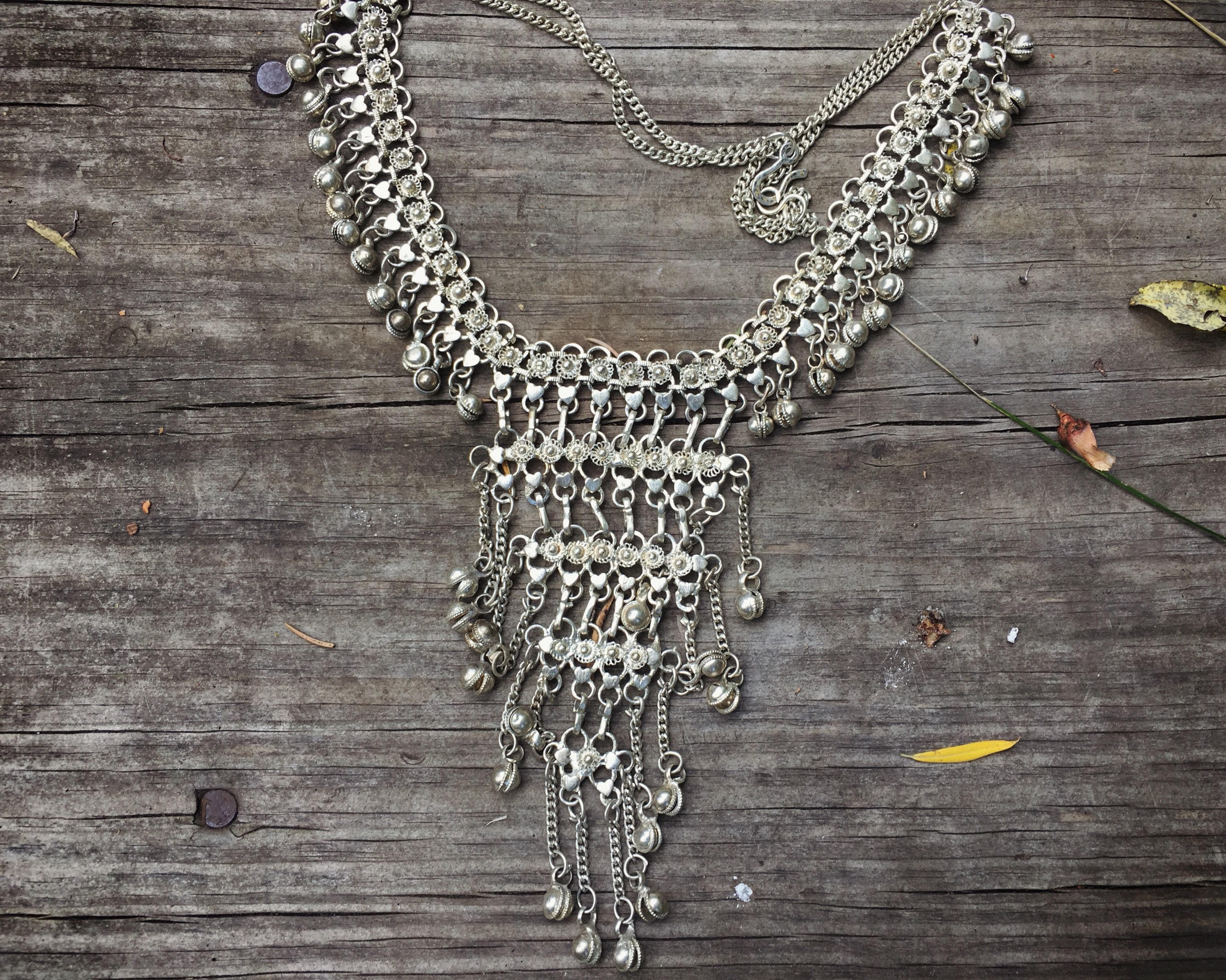 Vintage Belly Dancer Necklace with Bells Boho Jewelry Silver Tone Metal Chainmaille Bib