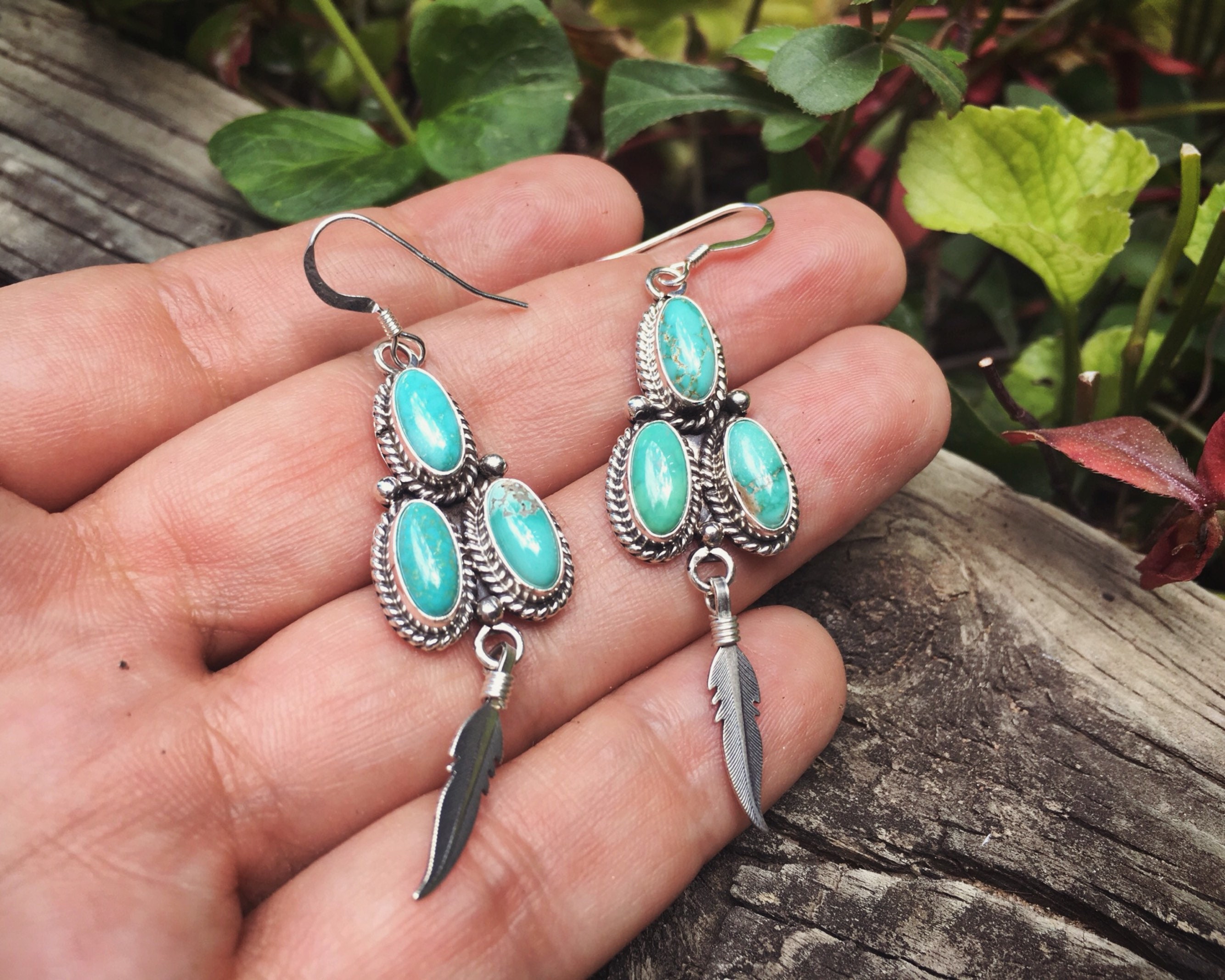 Turquoise Cluster Earrings Signed Navajo Jewelry, Native American