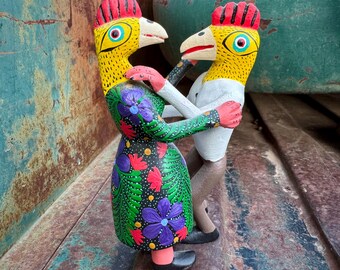 Dancing Chicken Couple Alebrije Figurine, Mexican Folk Art Wood Carvings, Painted Animal Gift