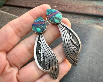 Vintage Navajo Richard Begay Sterling Silver Overlay Kachina Earrings w/ Multistone Inlay