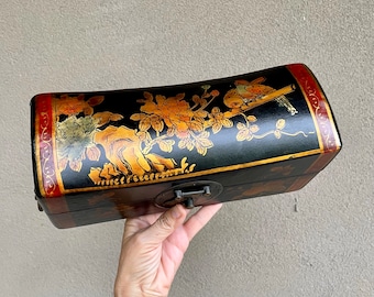 Asian Lacquered Wood & Leather Pillow Box Chinese Paper Lined, Vintage Document Holder Chinoiserie