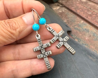 Vintage Tufa Cast Isleta Cross Earrings Sterling Silver w/ Turquoise Bead, Native American