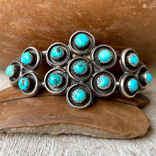 Vintage Zuni Snake Eye Turquoise Cluster Cuff Bracelet Size 6.75, Native American Indian Jewelry, Old Pawn, December Birthstone Gift Wife