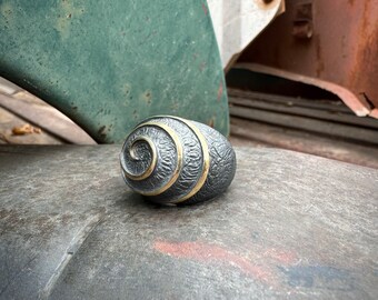 Vintage Sculptural Ring Domed Sterling Silver with Gold Tone Spiral Design, Modernist Jewelry