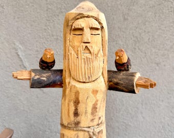 Wood Carved Saint Francis Statue by Hector Rascon, 16" Tall, New Mexico Folk Art