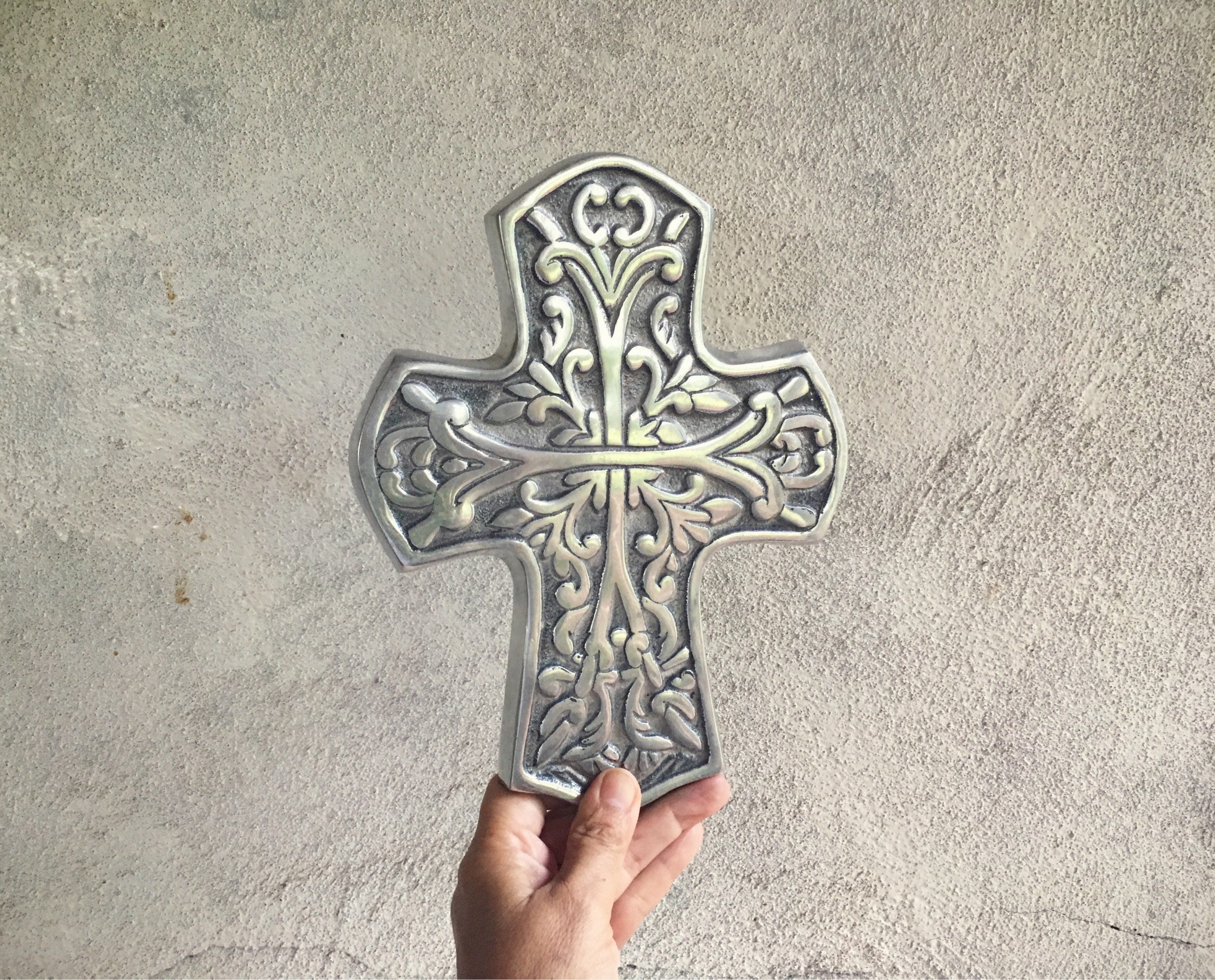 Three vintage wall crosses made of pewter wall hangings Spanish decor