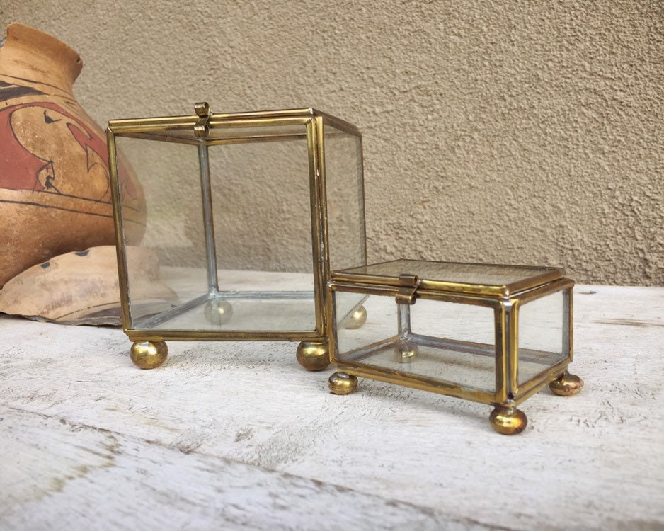Two Small Clear Glass Brass Box Display Cases, Jewelry Boxes for