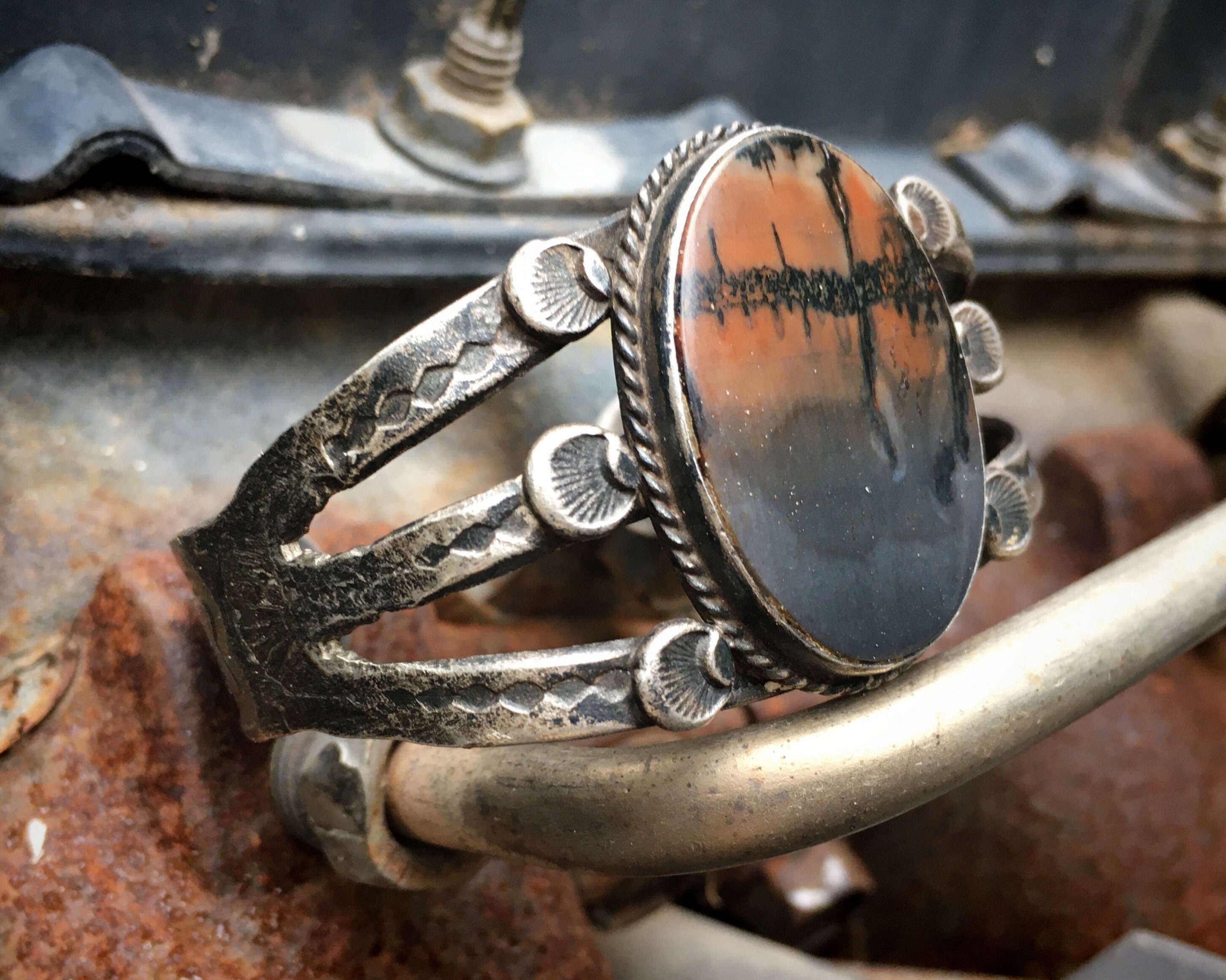 Antique Coin Silver Cuff Bracelet with Picture Jasper Stone, Fred