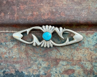 Vintage Sandcast Sterling Silver Brooch with Blue Turquoise Stone, Navajo Native American Indian Jewelry, Gift for Mom, Pin for Jacket Vest