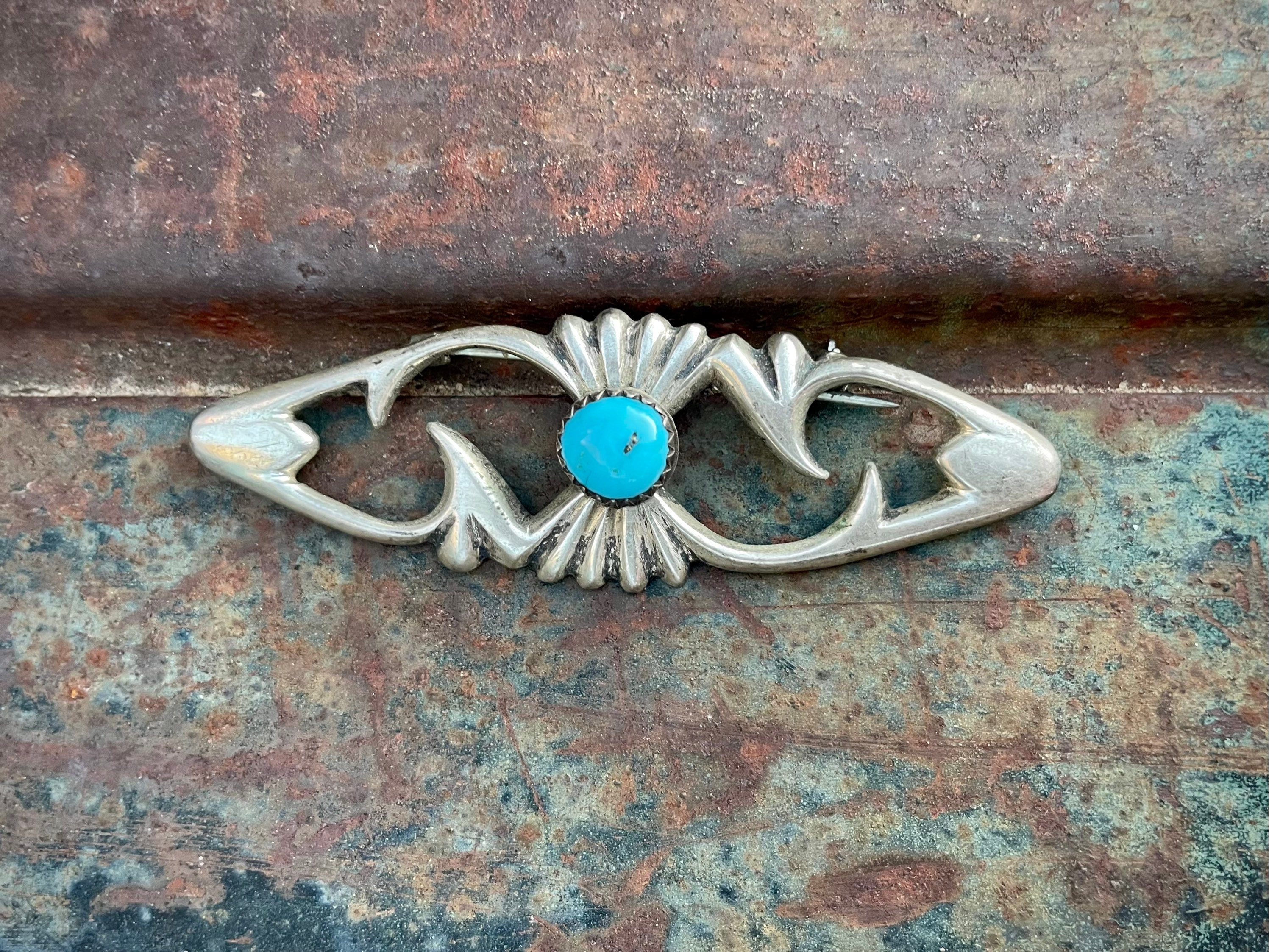 Vintage Sandcast Sterling Silver Brooch with Blue Turquoise Stone