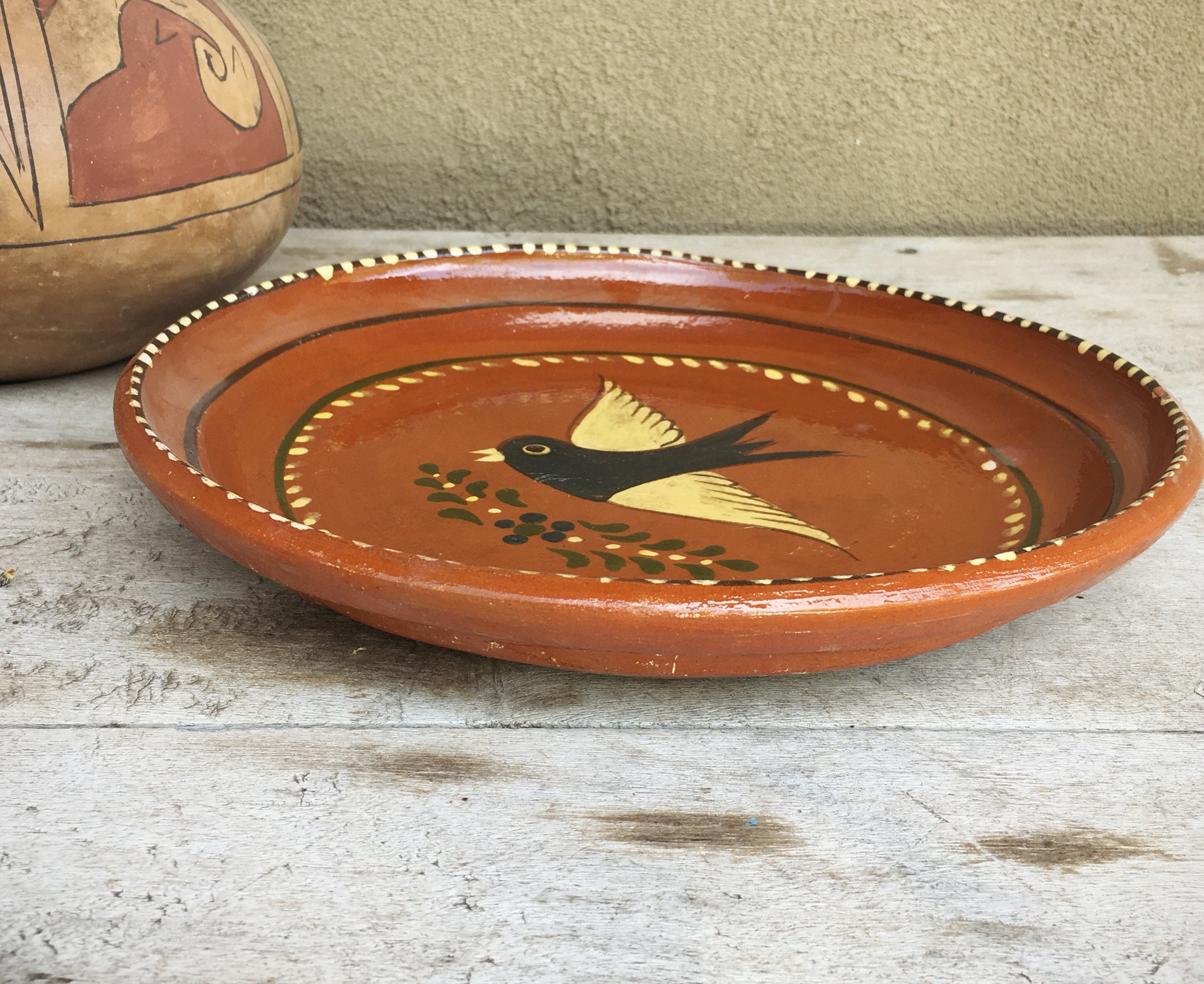 Mexican Pottery Plate Black Bird Decor Redware Mexican Decor Capula