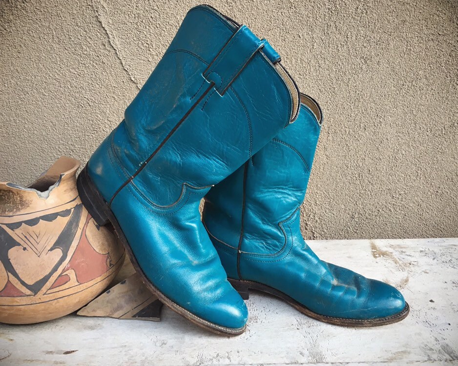 Vintage Distressed Blue Cowboy Boots Women's Size 7.5 B Roper Style Cowgirl Boot, Round Toe