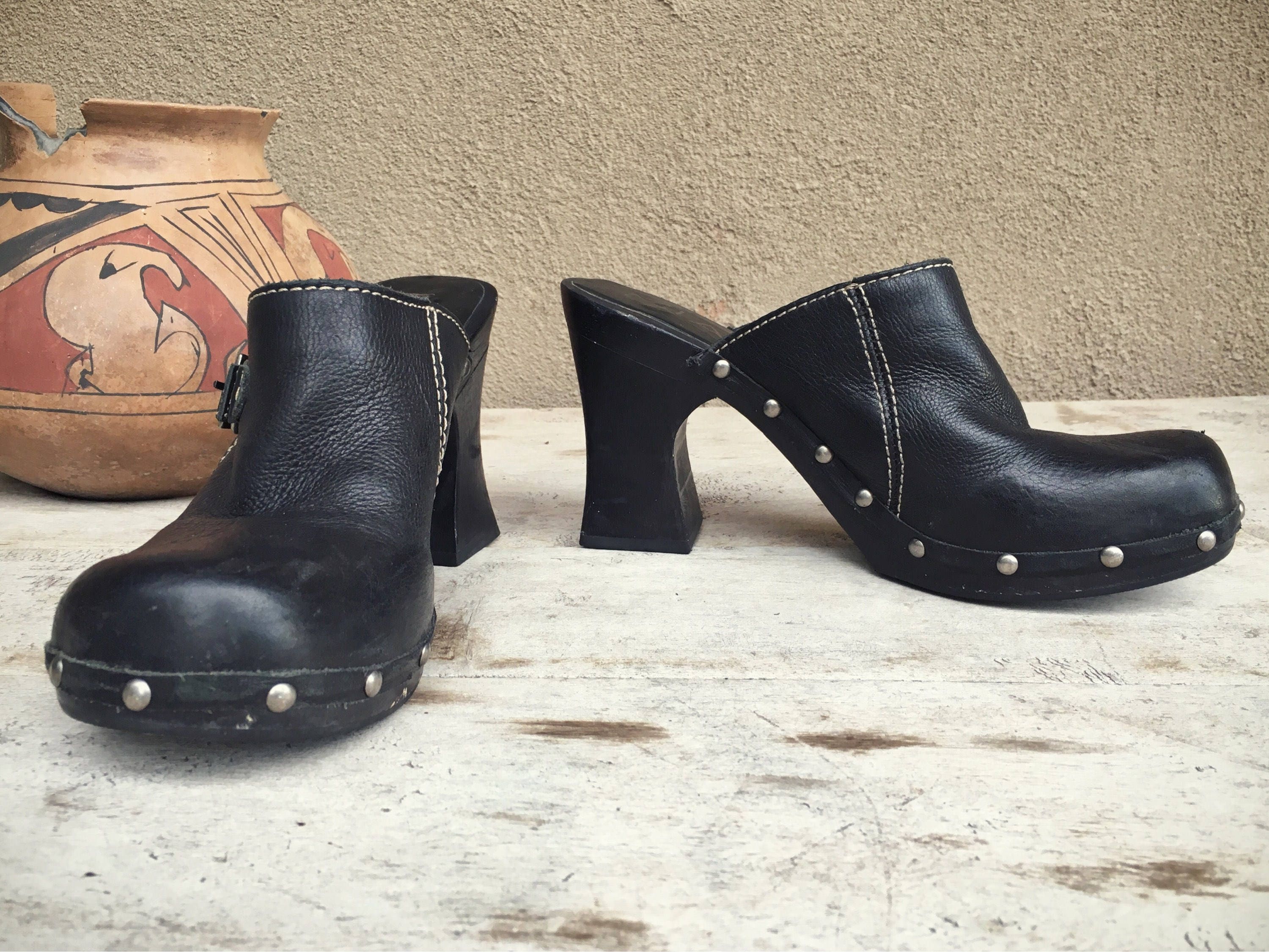 Vintage Women's MIA platform black clogs leather buckle and studs ...
