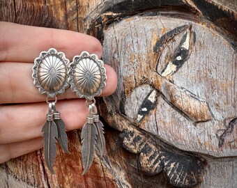 Vintage Silver Concho Post Earrings w/ Feathers, Southwestern Jewelry Navajo Style