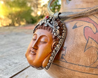 Large Carved Wood Buddha Face Encased in Silver Repousse Pendant w/ Snake Chain Necklace, Nepalese