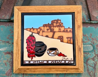 Vintage Wood Framed Decorative Tile Wall Hanging, Pueblo Scene with Pottery & Chile Ristra