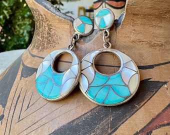 Vintage Zuni Inlay Hoop Earrings by Edison and Laurenda Bobelu, Turquoise Mother of Pearl