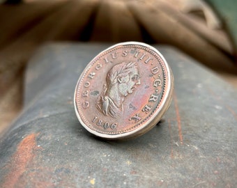 1806 George III Red Copper British Half-Penny in Sterling Silver Bezel, Antique Coin Jewelry