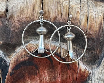1980s Sterling Silver Hoops with Dangling Squash Blossoms, Medium-Large Size 1.5" Diameter