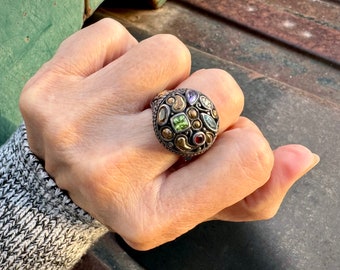 Vintage Samuel J. Benham 18K Gold and Sterling Silver Multi-Gemstone Ring Size 8, Designer Jewelry