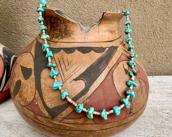 Vintage Turquoise Nugget and Shell Heishi Necklace Approx 32", Strung on Twine Burned End Closure