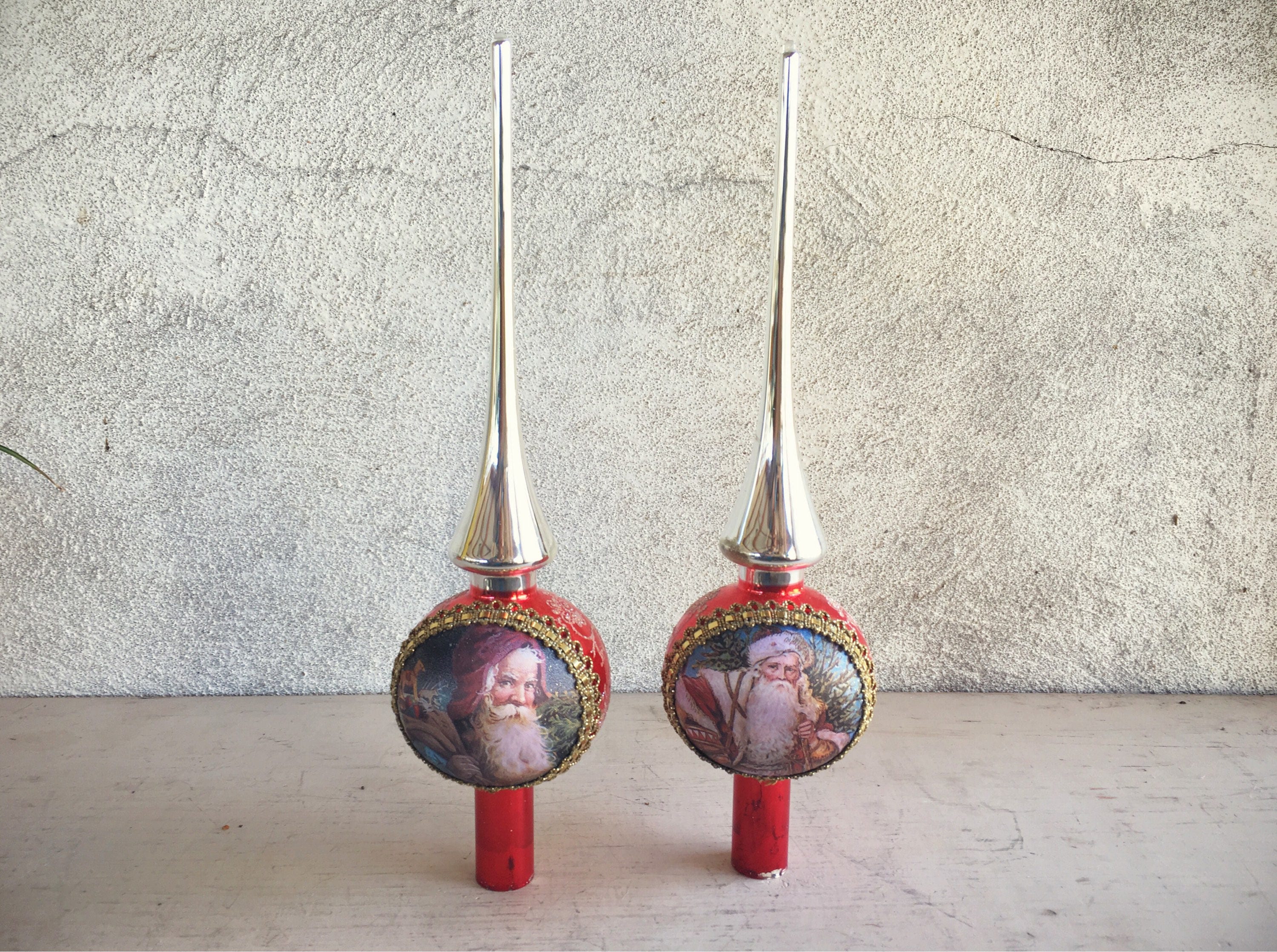 Pair of Vintage Glass Finial Tree Topper with Santa Face and Glitter