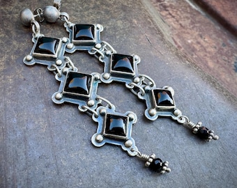 Artisan Sterling Silver Black Onyx Dangle Earrings 3.5", MIKI Santa Fe
