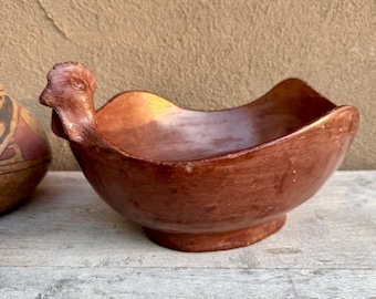 Large Burnished Redware Pottery Hen Decorative Bowl, 14" x 10.5"