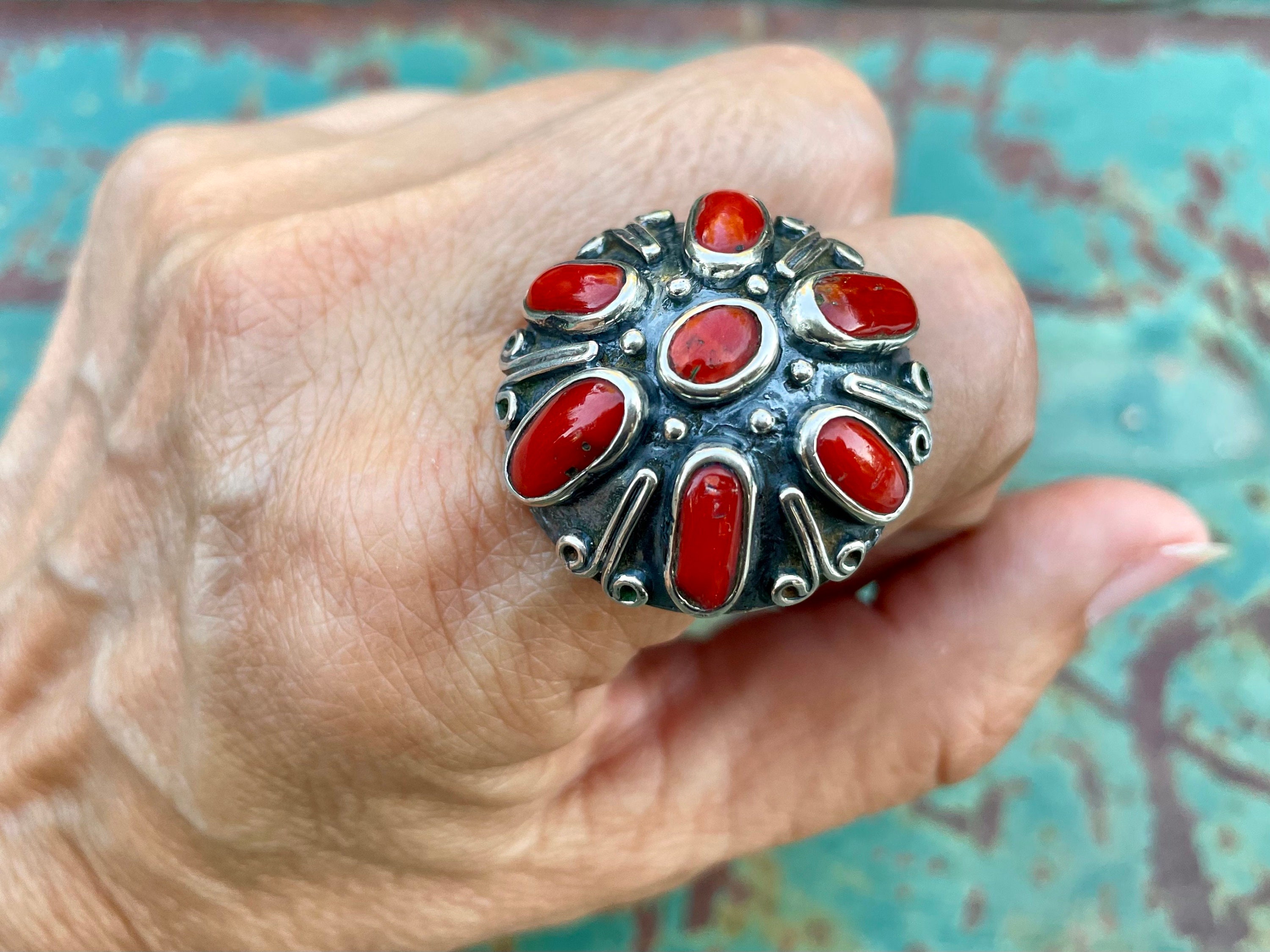 One Of The Best Vintage Native American Navajo Domed Coral Sterling Silver Ring One Of The Best Vintage Native American Navajo Domed Coral Sterling Silver Ring