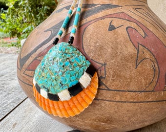 Vintage Santo Domingo (Kewa) Turquoise Inlay Shell Pendant on Heishi Necklace Approx 19"