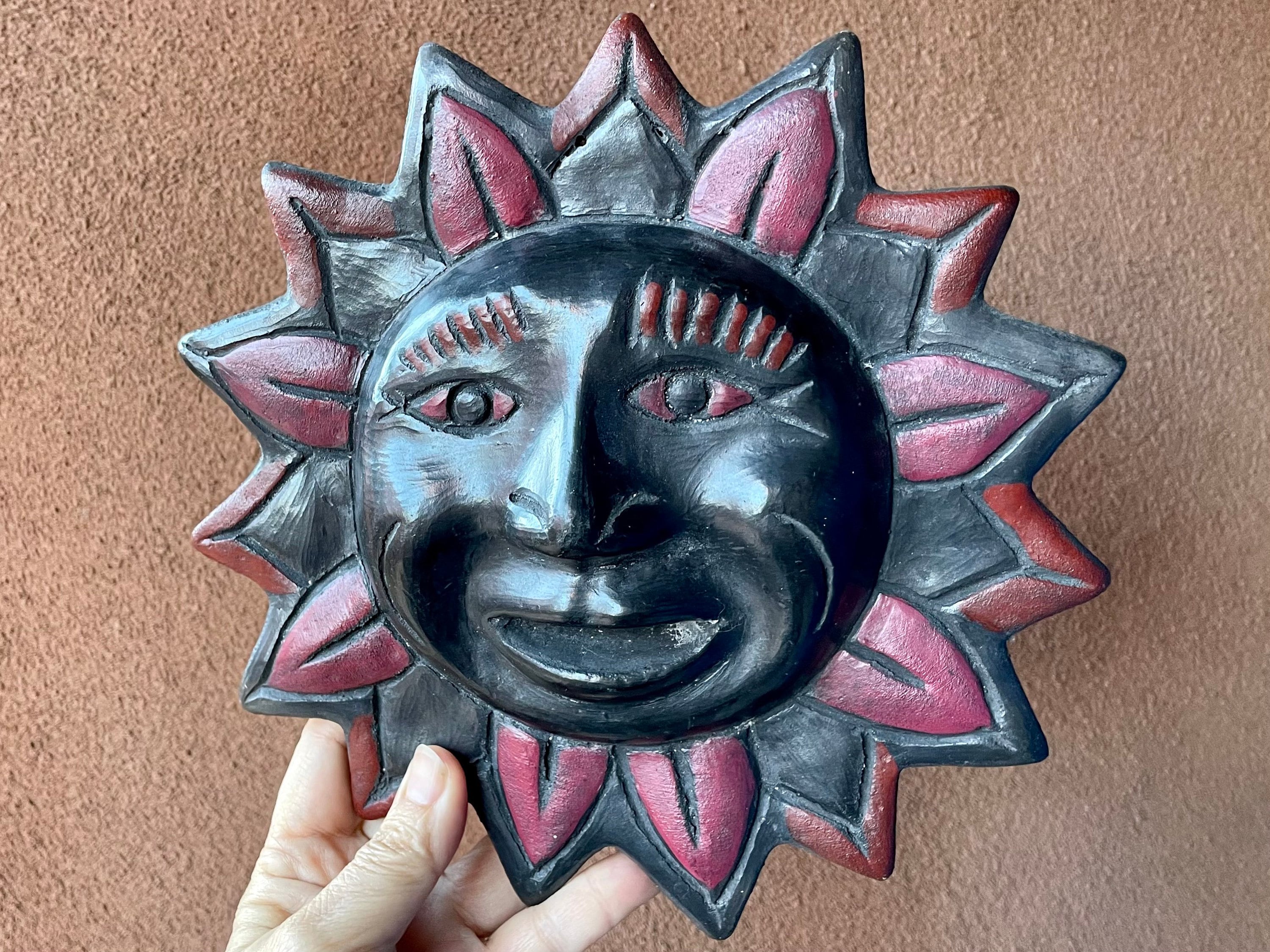 Mexican Pottery Sun Face Wall Hanging, Oaxaca Barro Negro Folk Art