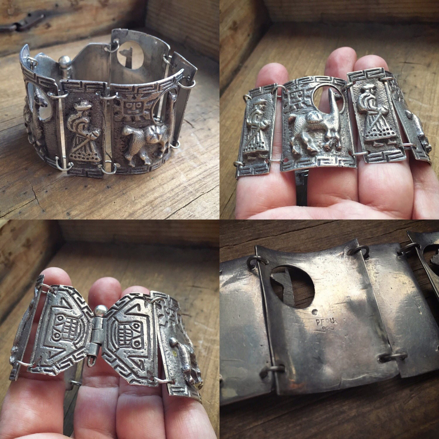 Peruvian Bracelet 66gm Sterling Silver Panel Storyteller Bracelet Silver Link Cuff Bangle