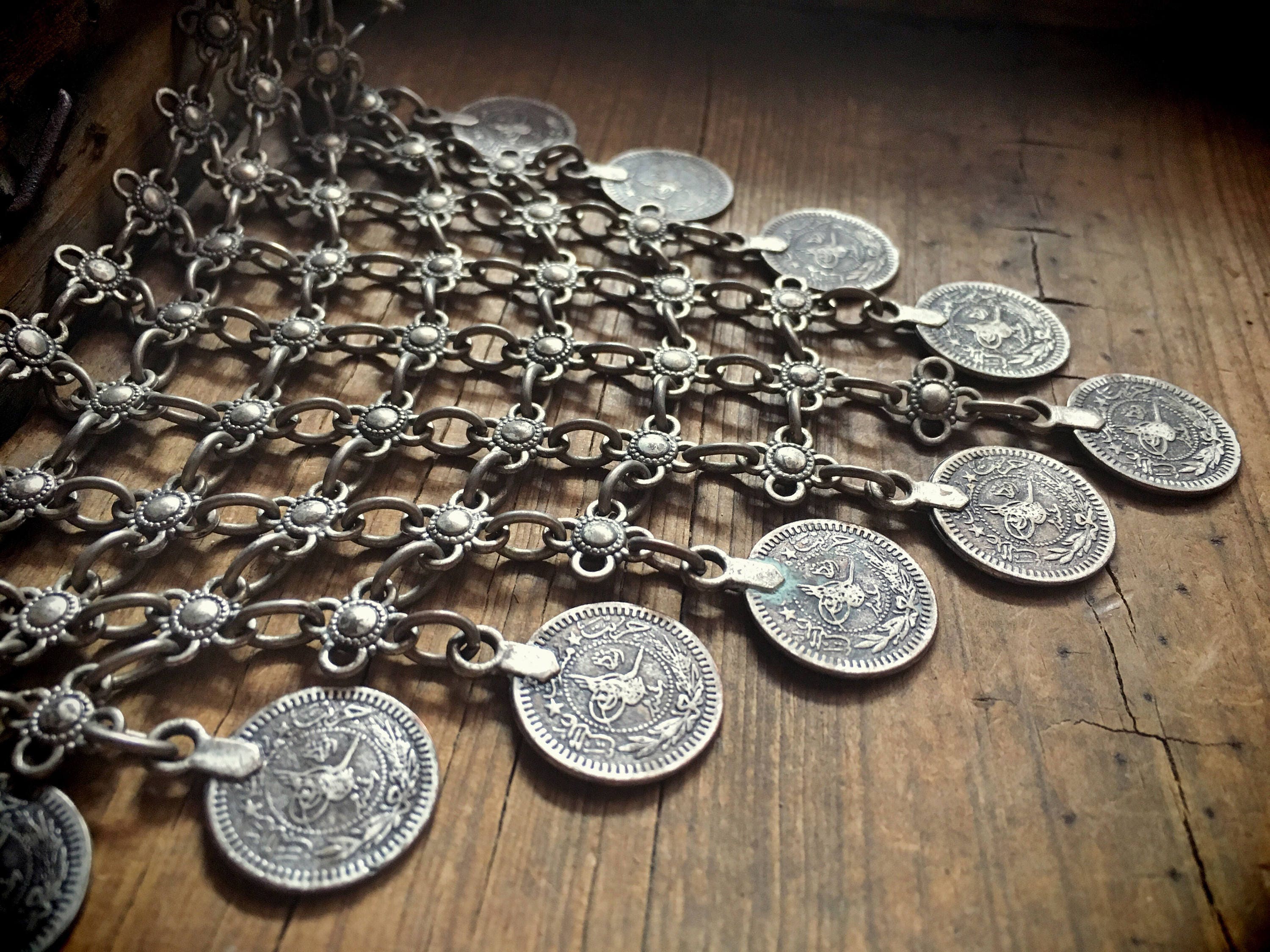 Vintage silver plated tribal necklace chainmail with coins gypsy jewelry nomad jewelry Yemeni necklace Bedouin belly dancer jewelry