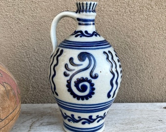 Vintage Smooth Cobalt Blue Gray Stoneware Jug, Primitive Farmhouse Kitchen Decor, German Style