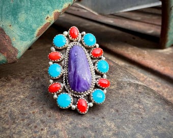Vintage Charoite Turquoise Coral Cluster Ring Size 8.75, Southwestern Multi-Stone Jewelry