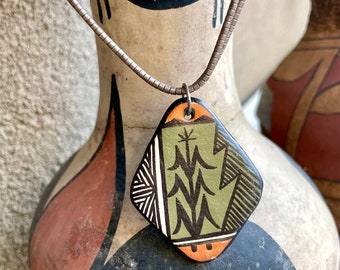 Vintage Hand-Painted Pottery Pendant by Acoma Marilyn Kay Lewis on Double Strand Silver Bead Necklace, Native American Indian Jewelry Mom