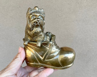 Vintage Brass Boot with Yorkie Terrier Statue Desk Accessory, Dog Mom Gift, Cottage Chic, Paperweight Office Decor, Cute Puppy Shelf Display