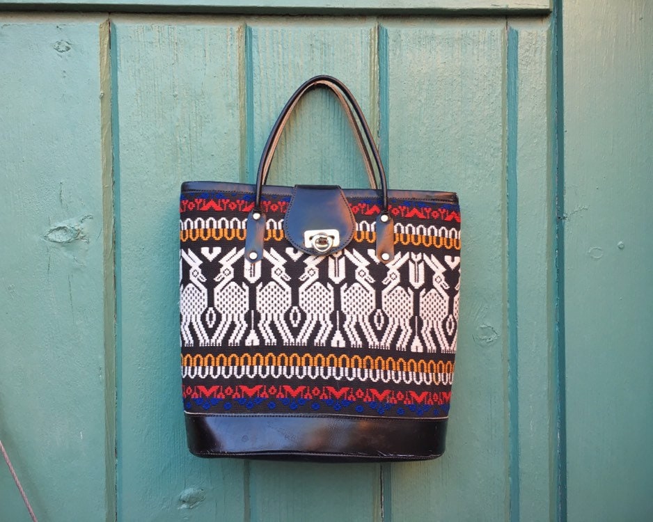 Vintage Small Guatemalan Textiles and Black Leather Purse, Fabric Handbag Bohemian Fashion