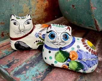 Two Vintage Tonala Pottery Cats w/ Moustache Figurines, Mexico Folk Art, Rustic Bohemian Decor