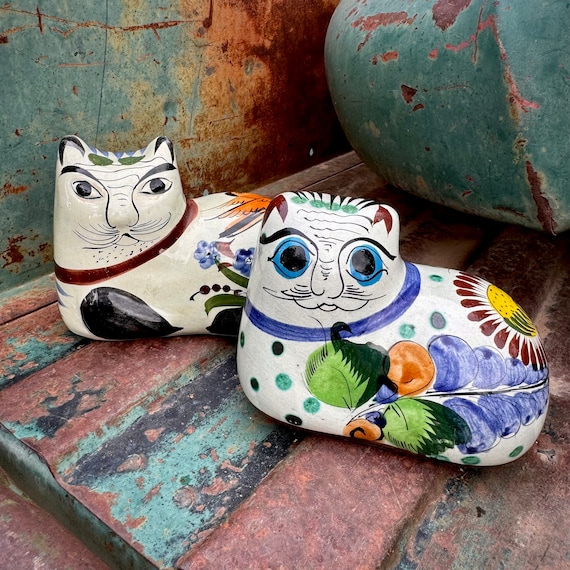 Two Tonala Pottery Cat Figurines, Mexican Feline Folk Art, Cute