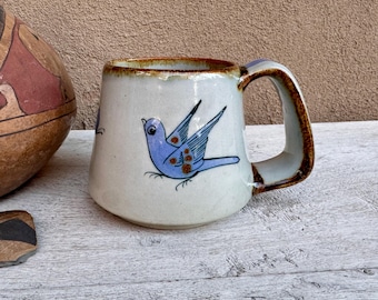 El Palomar Pottery Large Mug, Light Gray Blue Bird Design