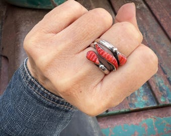 Carved Coral Wraparound Band Ring Size 9.25, Vintage Zuni Style