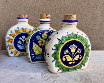 Vintage Blue White Italian Pottery Decorative Bottles w/ Corks, Bohemian Country Decor