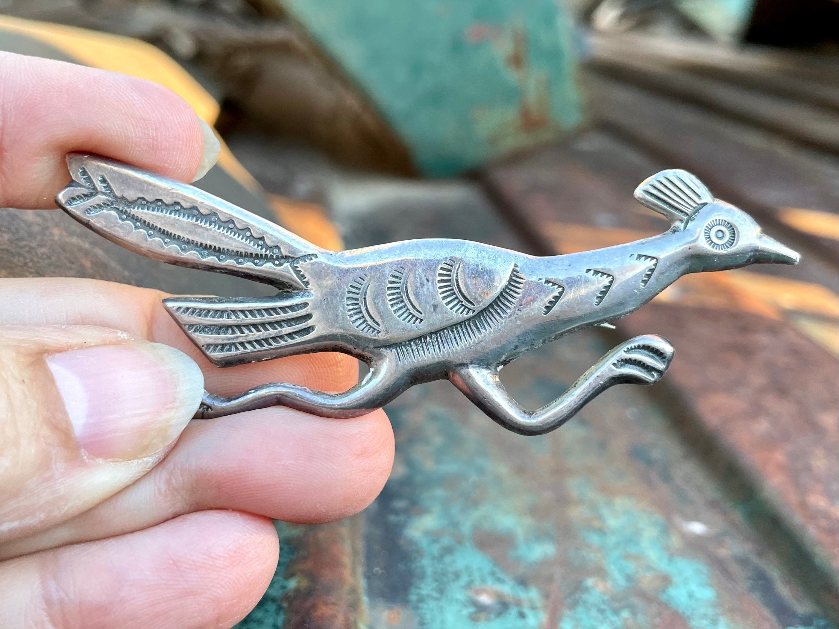 Whimsical Vintage Native American Navajo Turquoise Sterling Silver Roadrunner Pin Whimsical Vintage Native American Navajo Turquoise Sterling Silver Roadrunner Pin